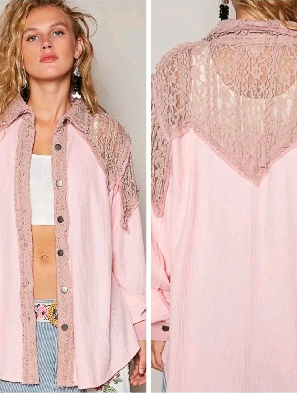 NEW!!! POL Light Pink Lace-Trim Button Front Women’s Shirt, Sz Large - Picture 4 of 4